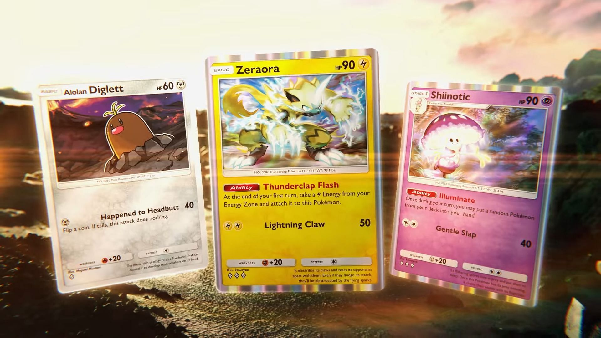 Alolan Diglett, Zeraora, and the new Shiinotic from the Pokemon TCG Pocket Extradimensional Crisis (Image via The Pokemon Company)